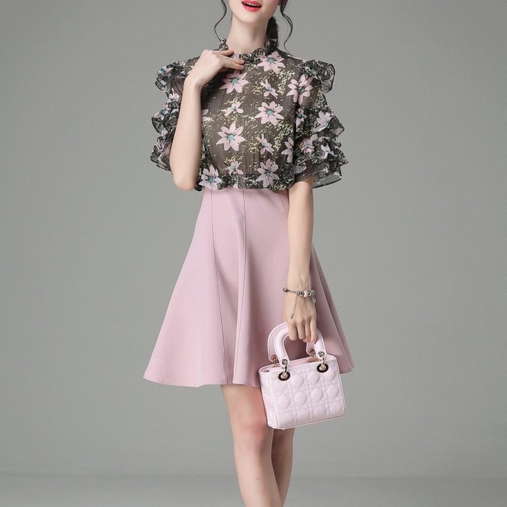 Pink Crew Neck Chiffon Sweet Mini Dress